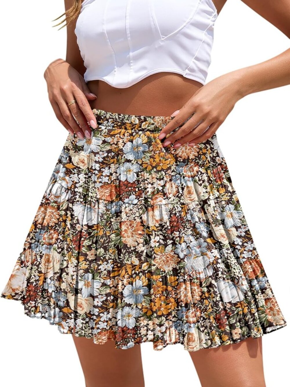 Boho Floral Chiffon Mini Skirt - High Waist, Tiered & Pleated Short Skirt